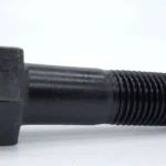 Black oxide finished steel hex head bolt with partial thread on white background