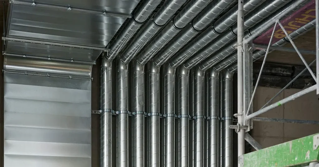 Hammer drive anchors securing HVAC ventilation ducts and metal piping to ceiling structure