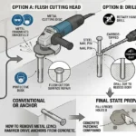 A technical illustration detailing multiple options for dealing with hammer drive anchors in concrete. The image covers assessment between non-removable and removable screw-driven pin variants, and presents practical methods including flush cutting the head, drilling out the anchor, and surface repair. It highlights potential damage and essential safety precautions for dust and metal fragments.