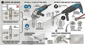 A technical illustration detailing multiple options for dealing with hammer drive anchors in concrete. The image covers assessment between non-removable and removable screw-driven pin variants, and presents practical methods including flush cutting the head, drilling out the anchor, and surface repair. It highlights potential damage and essential safety precautions for dust and metal fragments.