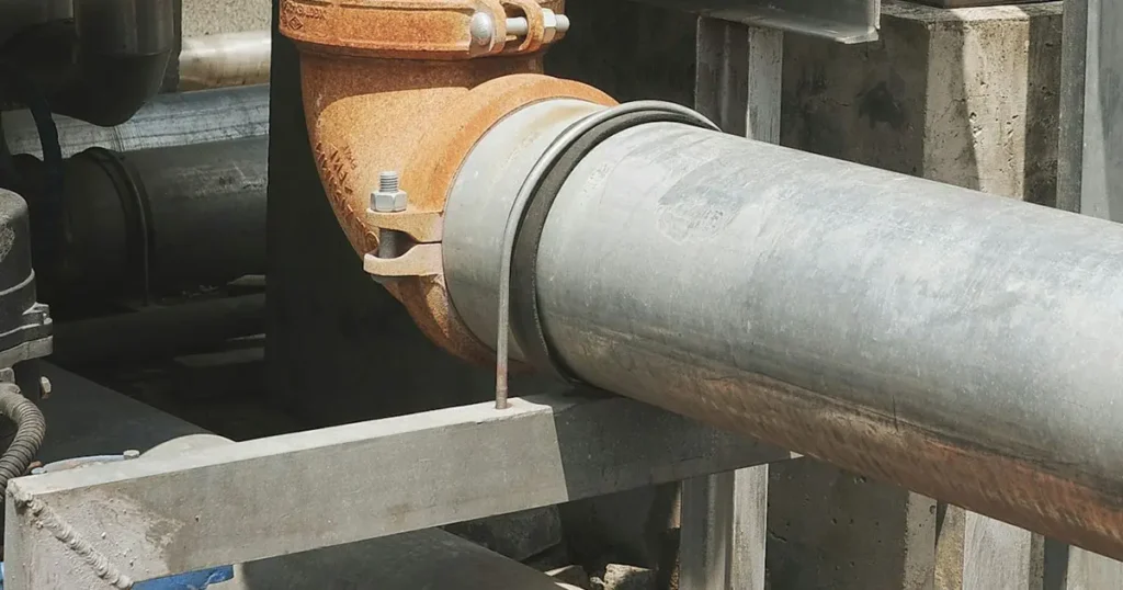 Stainless steel U bolt securing industrial pipeline and support structure