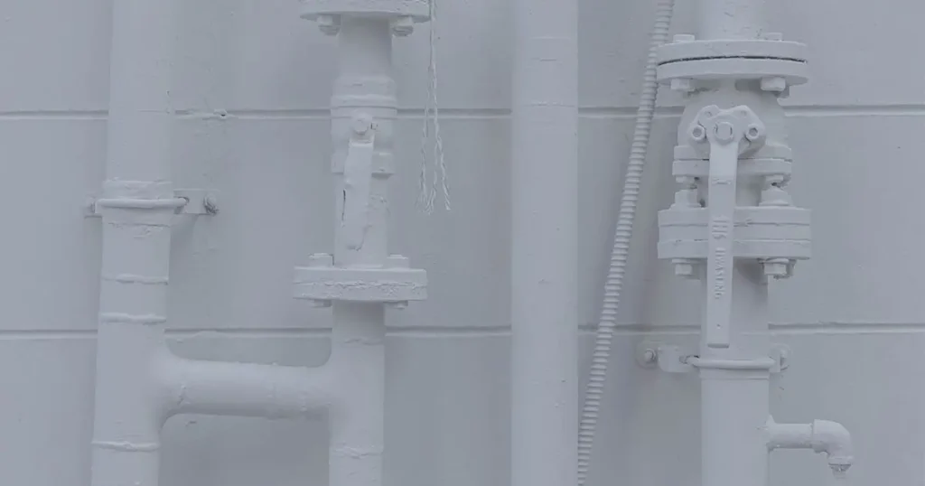 Galvanized steel U-bolt fasteners securing various vertical and horizontal white industrial pipes against a brick wall
