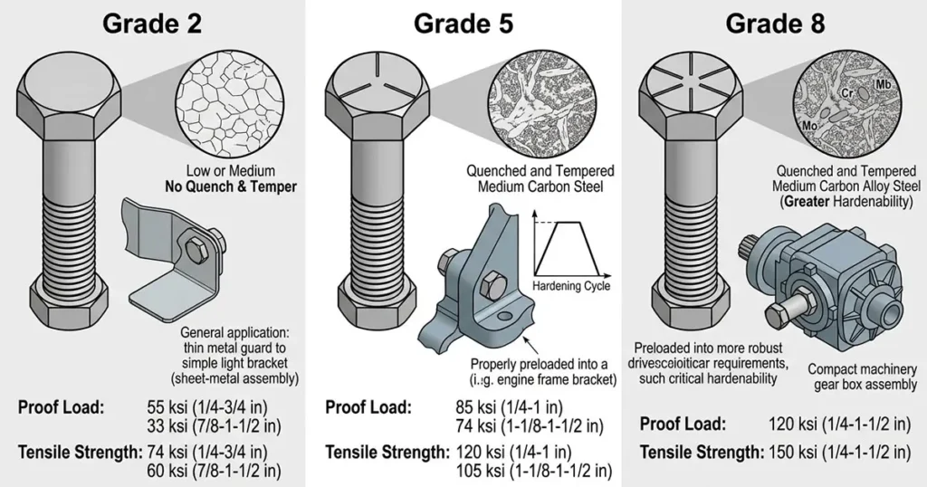 A technical comparison illustration detailing SAE J429 Grade 2, Grade 5, and Grade 8 bolts, showing their distinct head markings (none, three lines, six lines), internal microstructures, mechanical properties (proof load and tensile strength in ksi for specific diameter ranges), heat treatment processes, and typical application examples.