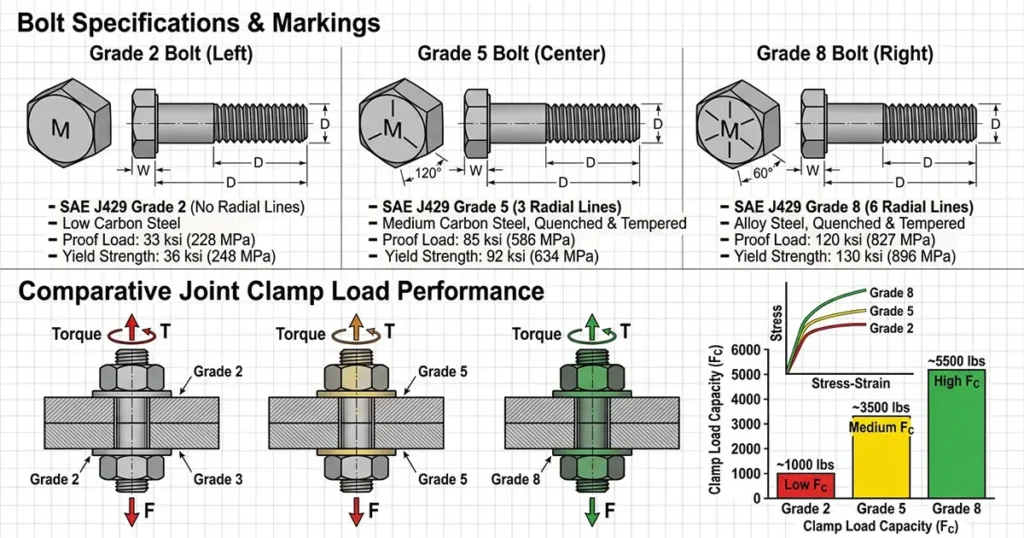 Technical engineering diagram comparing SAE J429 Grade 2, Grade 5, and Grade 8 hex bolts with head markings and joint clamp load capacities.