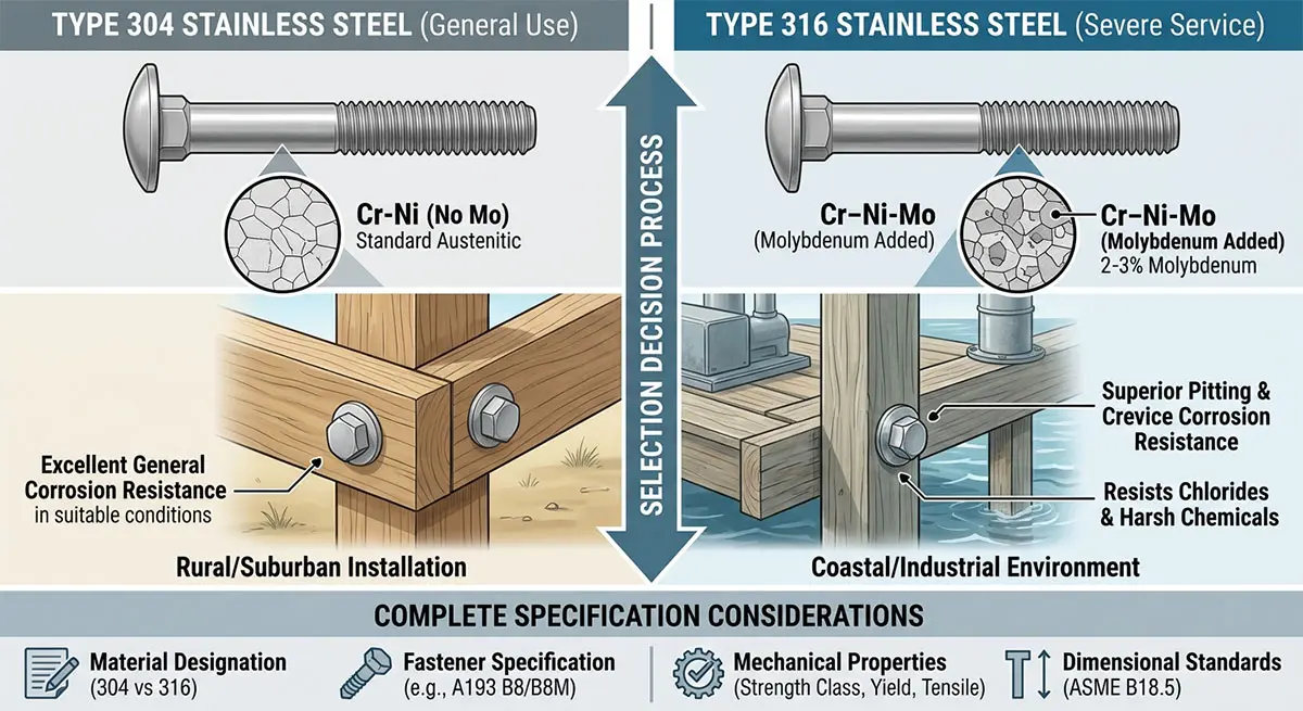 Technical comparison diagram between 304 and 316 stainless steel carriage bolts showing material composition, molybdenum addition, coastal vs. rural application environments, and complete fastener selection specifications.