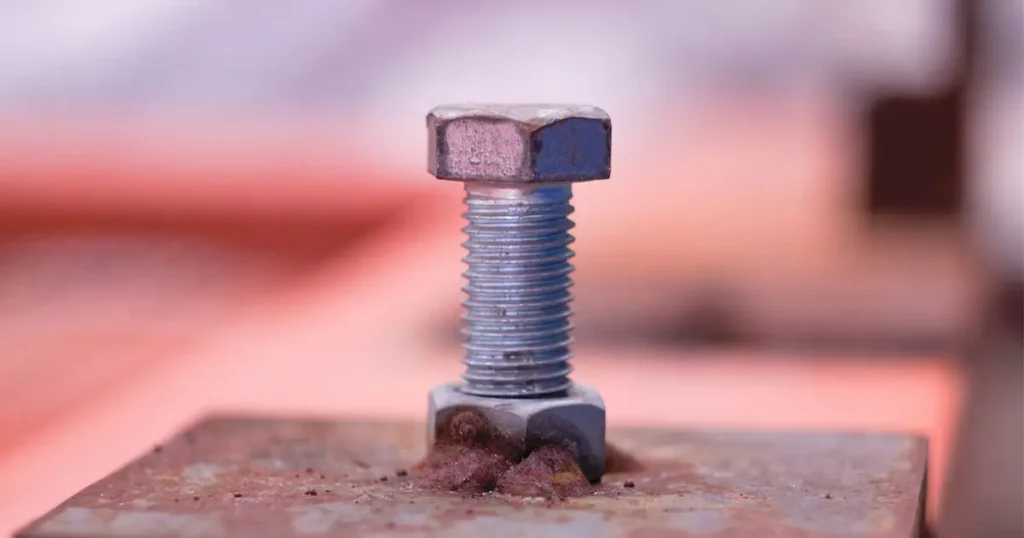 Steel hex bolt secured with nut on metal plate for industrial equipment fastening
