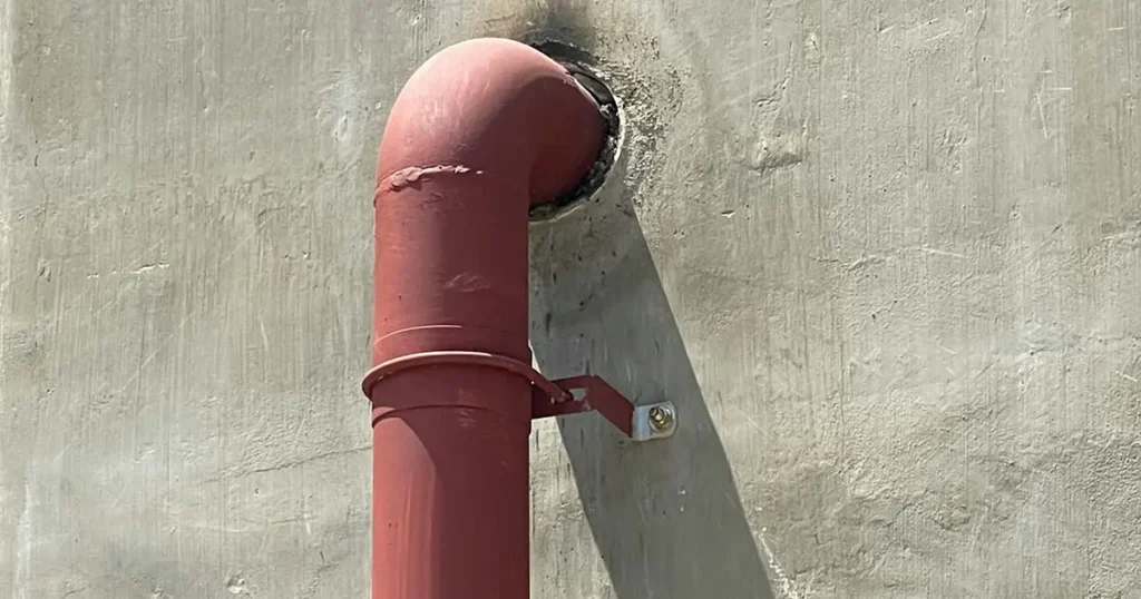 Steel pipe clamp bracket secured with anchor bolt on concrete wall for industrial plumbing system